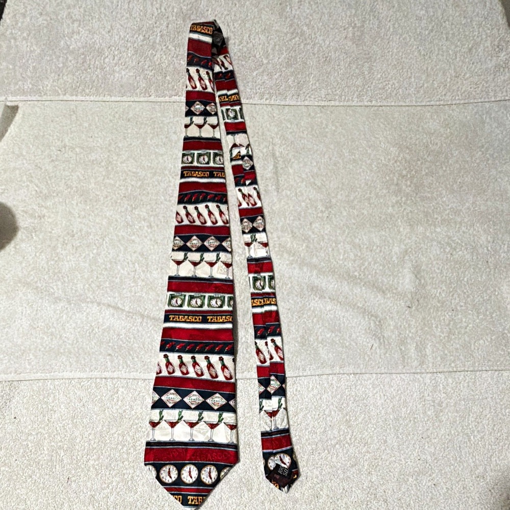 TABASCO Men's Novelty Woven 100% Silk Tie Red Navy White Green Logo